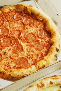 High angle view of pizza on table
