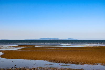 Scenic view of beach against clear blue sky