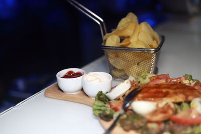 Close-up of breakfast served on table