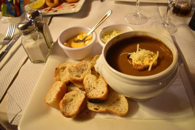 High angle view of breakfast served on table