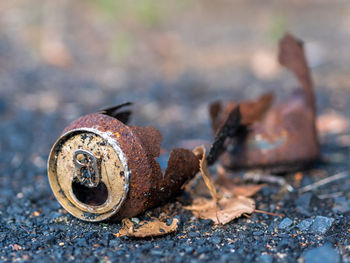 Close-up of rusty metal drink can