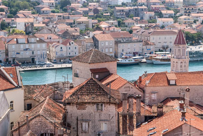 High angle view of buildings in city