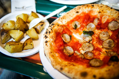 High angle view of pizza in plate