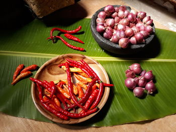 High angle view of fruits and vegetables on table