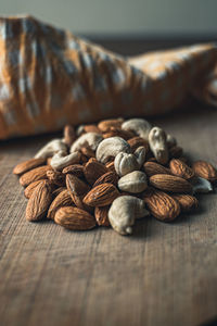 Close-up of almonds and cashews on table