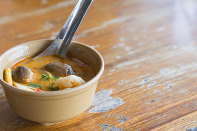 High angle view of soup in bowl on table