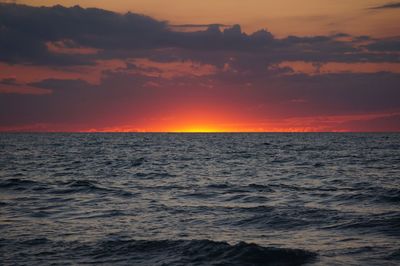 Scenic view of sea against cloudy sky during sunset