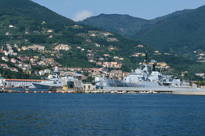 Aerial view of town by sea