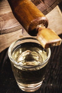 High angle view of beer glass on table