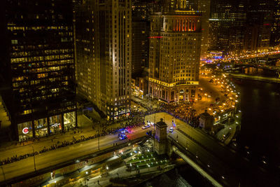 City lights at night during celebration parade