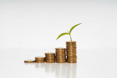 Stack of coins against white background
