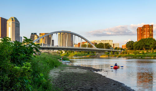 Bridge over river by buildings in city against sky