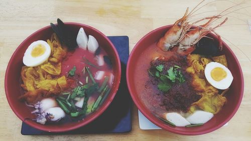 High angle view of meal served on table