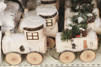 Children's wooden birch train for christmas in a shop