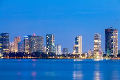 Illuminated cityscape against clear blue sky