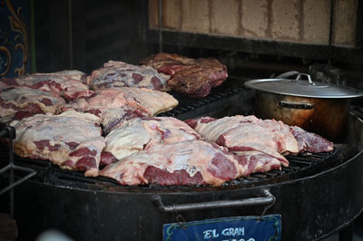 Close-up of meat on barbecue grill