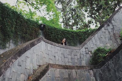 Low angle view of people on building wall