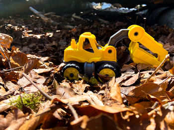 Close-up of yellow toy car on field during autumn
