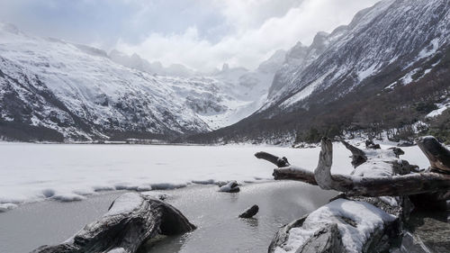 Scenic view of lake and snowcapped mountains against sky