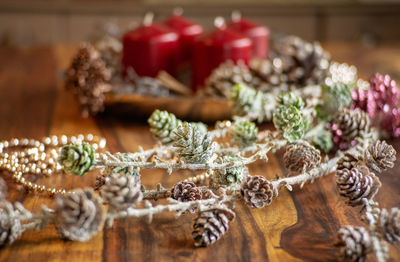 Close-up of christmas decoration on table