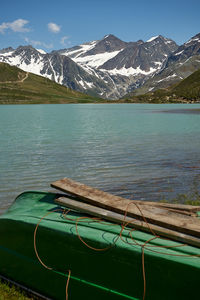 Scenic view of lake and snowcapped mountains against sky