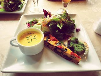 High angle view of meal served on table