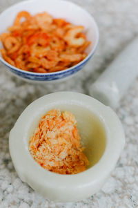 High angle view of food in bowl on table