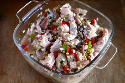 High angle view of salad in bowl on table