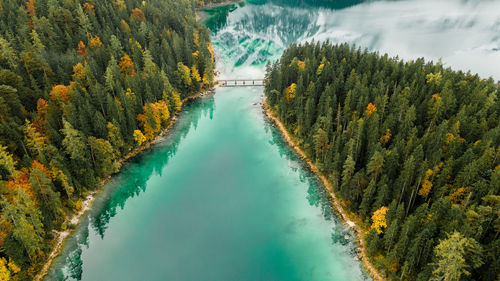 Autumn in the bavarian mountains, germany. landscape with lake, bridge, from above. drone photo.