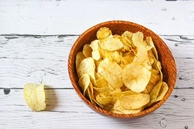 Potato chips or crisps in wooden bowl against white wooden background. pile of potato chips.