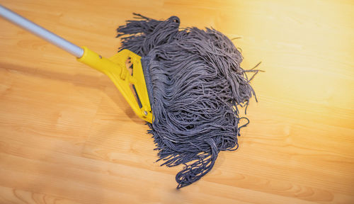 The dirty mop cleaning on the wood floor.