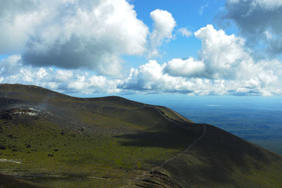 Scenic view of sea and mountains against sky
