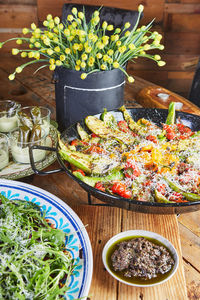 High angle view of food served on table