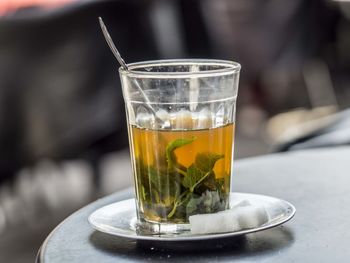 Close-up of tea in glass on table