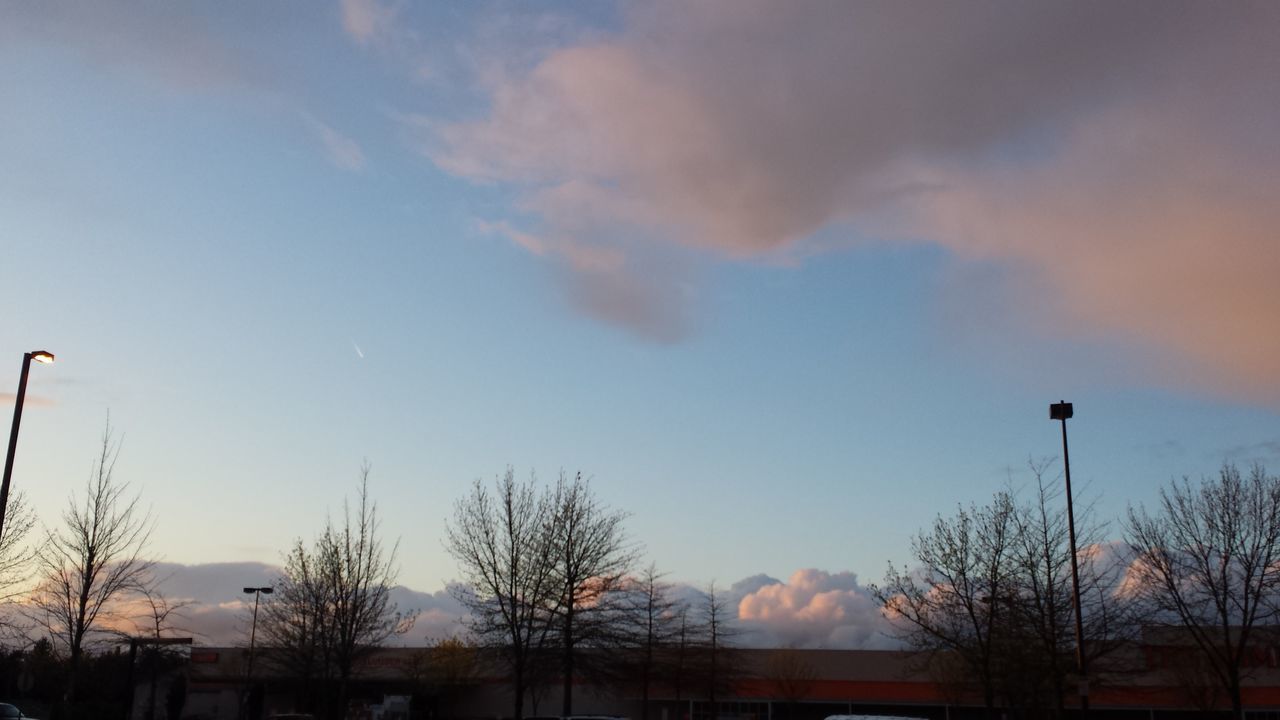 silhouette, sunset, sky, tree, low angle view, bare tree, building exterior, cloud - sky, built structure, street light, architecture, dusk, nature, beauty in nature, cloud, outdoors, branch, scenics, no people, cloudy