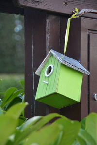 Green birdhouse hanging on door