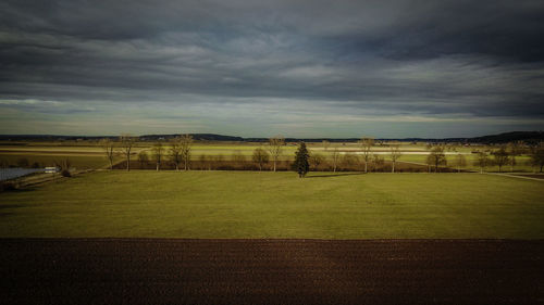 Scenic view of field against cloudy sky