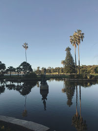 Reflection of palm trees in lake against clear sky