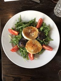 High angle view of salad served in plate on table
