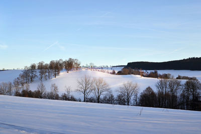 Scenic view of snow covered land against blue sky
