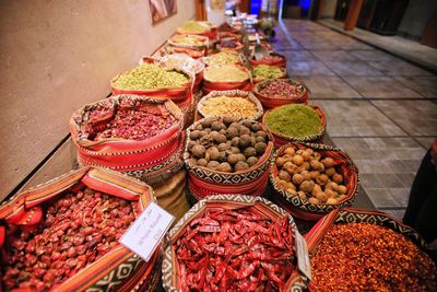 High angle view of various spices for sale at market stall