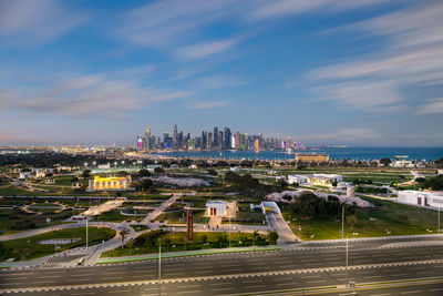 Doha skyline aerial view from bidda park