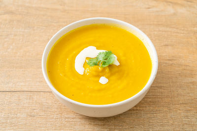 High angle view of soup in bowl on table