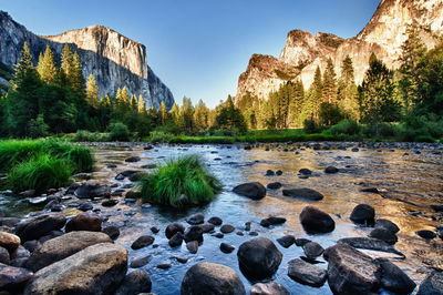 Rocks by river against sky