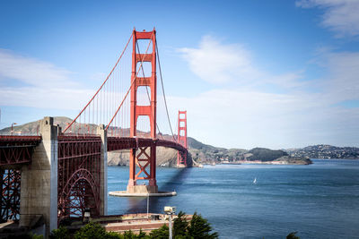 Golden gate bridge over river against cloudy sky