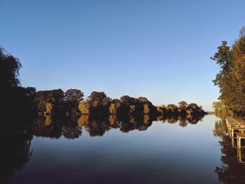 Reflection of trees in lake against clear sky