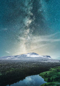 Scenic view of snowcapped mountains against sky at night