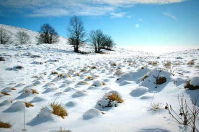 Scenic view of snow covered landscape against sky