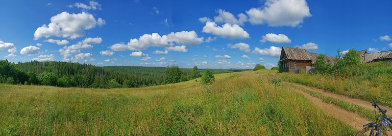 Panoramic shot of trees on field against sky