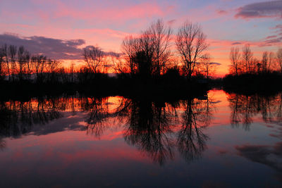 Silhouette trees by lake against sky during sunset